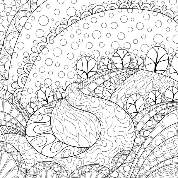 A nature abstract landscape with trees,bushes,river and sky image for relaxing activity.A coloring book,page for adults.Zen art style illustration for print.Poster design. - Vector, imagen