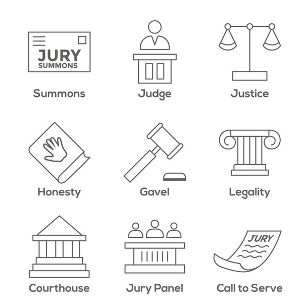 Legge & Icona legale Set con Giudice, Giuria, e icone giudiziarie
 - Vettoriali, immagini