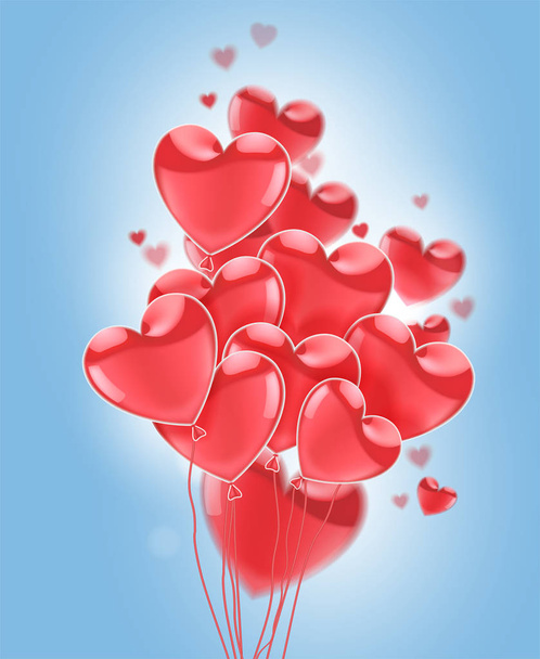 Red flying realistic glossy balloons  on a blue background. Vector  illustration. - Vettoriali, immagini