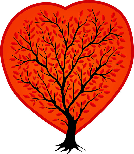 Black tree silhouette in the red shape of heart - Вектор,изображение