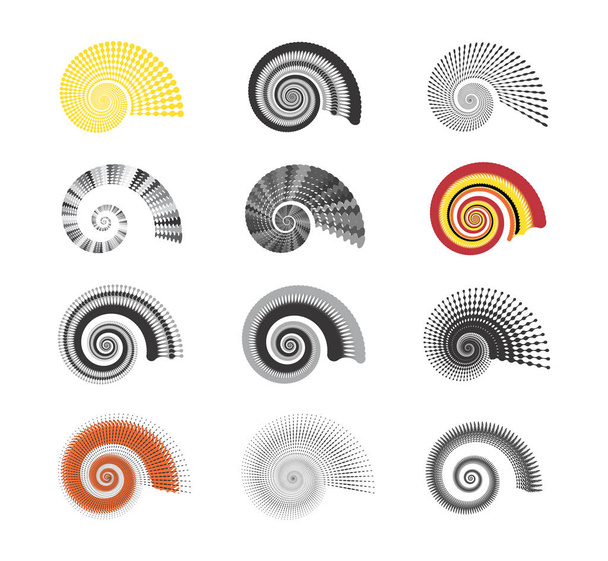 Ilustración abstracta de tornado monocromo o forma de remolino hecha con puntos y pequeños elementos. Logo espiral blanco y negro aislado
 - Foto, imagen