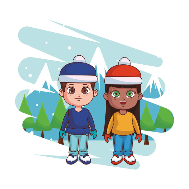 Chłopiec i dziewczynka z zimowych ubrań kreskówki w zimowy krajobraz krajobraz wektor ilustracja projekt graficzny - Wektor, obraz