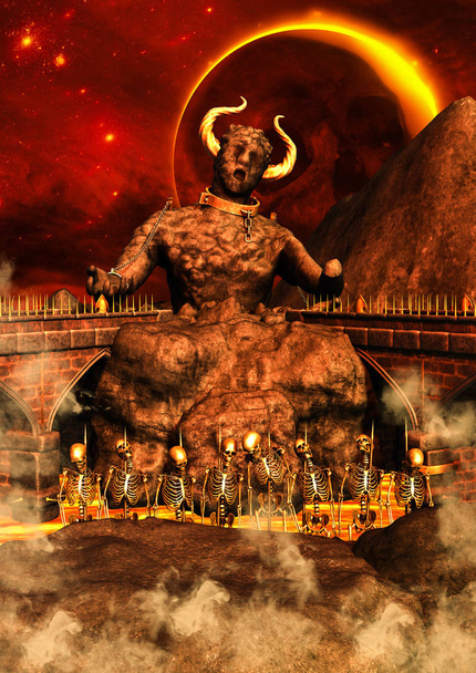 Una escena con un paisaje infernal, lava, cráneos, huesos y una estatua con cuernos
. - Foto, imagen