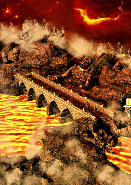 Адская сцена с адским и апокалиптическим местом, полным лавы
.  - Фото, изображение