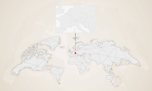 Komşu ülkelerle Liechtenstein harita dünya haritası üzerinde sabitlenmiş. Soyut üçgenler Dünya Haritası. - Vektör, Görsel