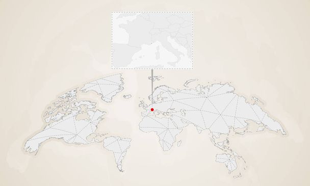 Карта Монако с соседними странами, закрепленная на карте мира. Абстрактные треугольники
. - Вектор,изображение