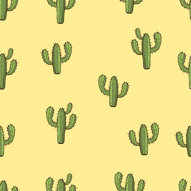 Cactus seamless pattern, hand drawing, vector illustration. Painted green peyote with spikes on yellow background. For fabric design, cloth, wallpaper, decorating - 写真・画像