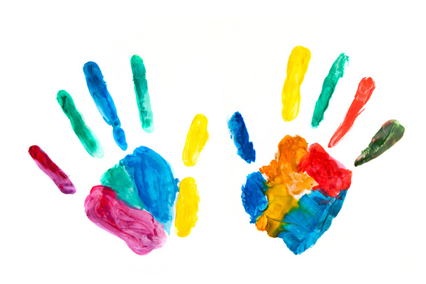 Mãos pintadas, estampadas em papel, diversão colorida
 - Foto, Imagem