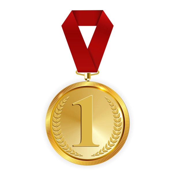 Champion Art Medalha de Ouro com Fita Vermelha l Ícone Assine o Primeiro Lugar Isolado em Fundo Transparente. Ilustração vetorial EPS10
 - Vetor, Imagem