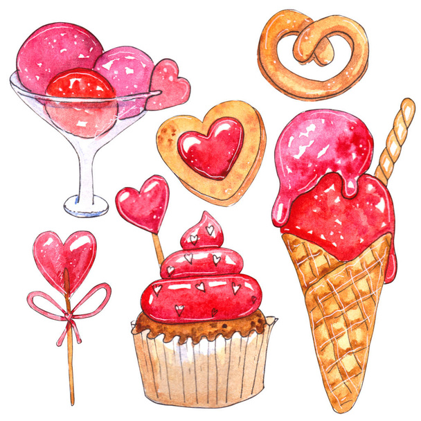 Watercolor set of elements for Valentine's day. Hand painted ice cream, cake, cookie. Perfect for design of wedding invitations, greeting cards, postcards, invitations, children's books - Foto, immagini