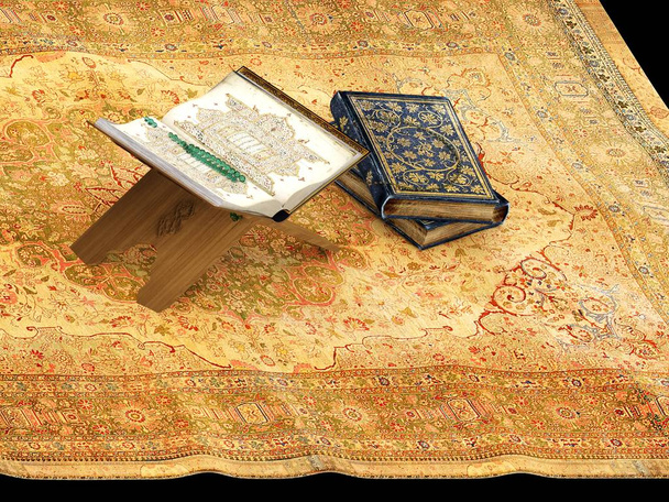 3D render świętej księgi Koranu na stołku - Zdjęcie, obraz