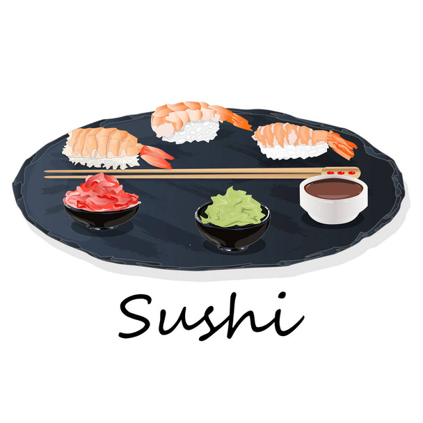 Illustrazione di sushi roll con salmone, gamberetti, avocado, crema di formaggio. Menù di sushi. Cibo giapponese isolato su bianco
. - Foto, immagini
