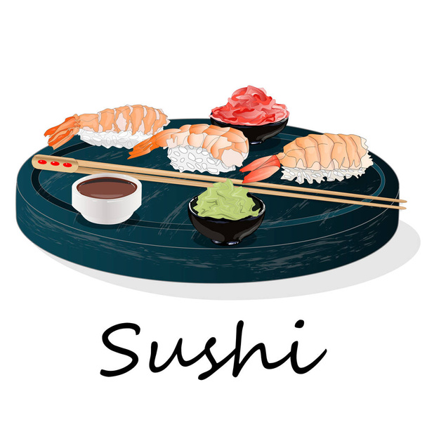 Illustration of roll sushi with salmon, prawn, avocado, cream cheese. Sushi menu. Japanese food isolated on white. - Photo, Image