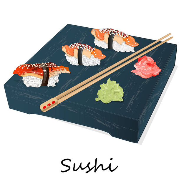 Illustration von Rollsushi mit Lachs, Garnelen, Avocado, Frischkäse. Sushi-Menü. japanisches Essen isoliert auf weiß. - Foto, Bild
