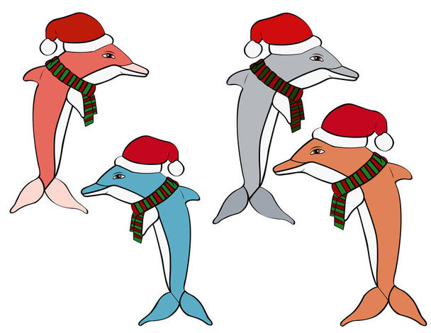 Ilustrace vánoční delfínů vektorových v různých barvách, mají šály a čepice San Nicolas. Jsou veselá, zábavný a společenský duch. Obrázky lze použít bez klobouků a šátků. - Vektor, obrázek
