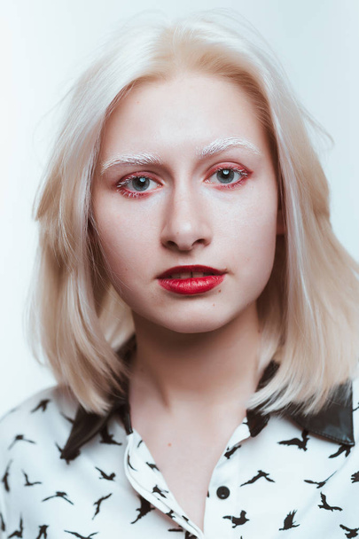 portrait blonde albino girl in studio on white background. - Zdjęcie, obraz