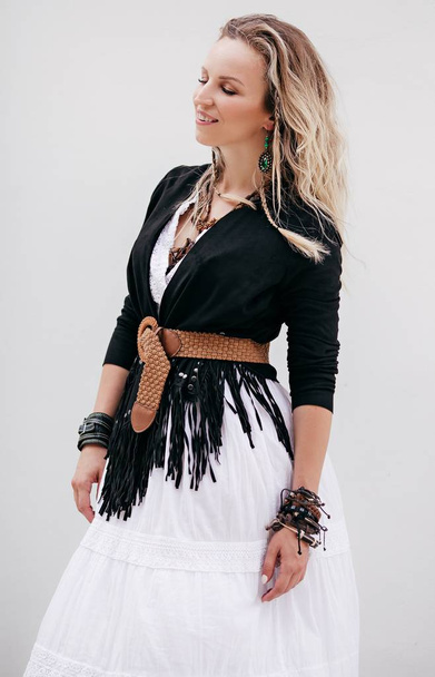 Fashion portrait of beautiful young pretty girl with boho outfit   - Fotó, kép