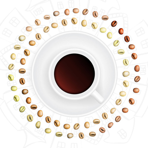 Arabica und Robusta Kaffeebohnen mit verschiedenen Röststufen. realistische 3D-Vektordarstellung von Kaffeekörnern mit rundem Rahmen und Tasse - Vektor, Bild