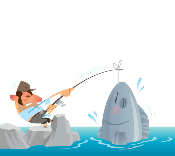 Fisherman catching and pulling out of the sea a big fish - Vector, Image