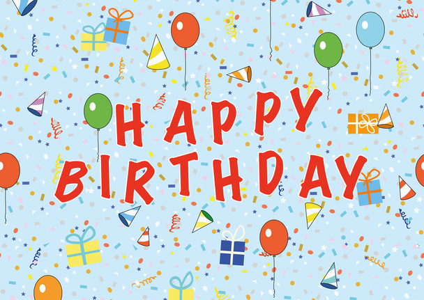 щаслива листівка на день народження з повітряними кулями та конфетті - ілюстрація для дитячої вечірки на день народження
   - Фото, зображення