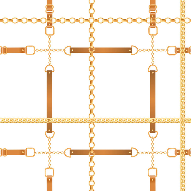 Fashion Seamless Pattern with Golden Chains. Fabric Design Background with Chain, Metallic accessories and Jewelry for Wallpapers, Prints. Vector illustration - Vecteur, image