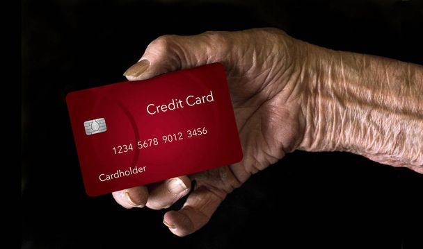 高齢者の手を保持するテーマを説明するためにクレジット カード: クレジット カードはそれ以上の年齢の男性と女性に最適。イラストです。. - 写真・画像