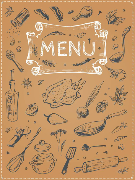 Menu design. Vector food sketches on poster - Vektor, kép