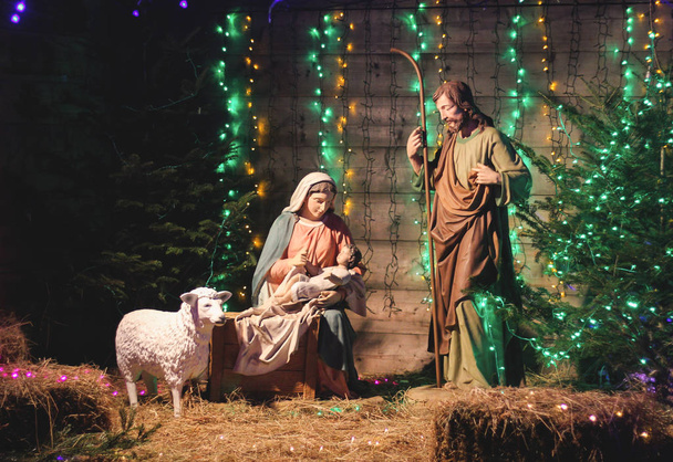 Scena della mangiatoia natalizia con figure tra cui Gesù, Maria, Giuseppe, pecore e magi. Concentrazione morbida
 - Foto, immagini