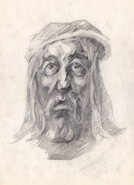 The portraiture of don Quixote, who is in mental torments and in the throes of public misunderstanding.Graphic pencil portrait. The head of a man painted with graphite on paper.Academic tonal drawing. - Photo, Image
