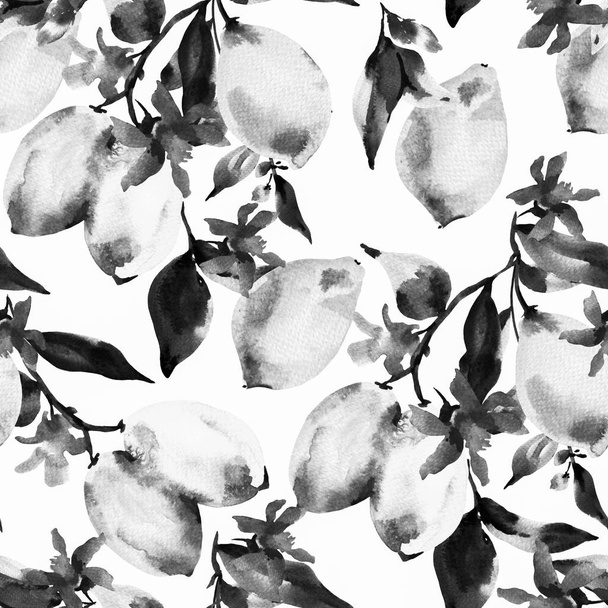 Акварельний монохромний безшовний візерунок з гілкою свіжого лимона цитрусових, зеленим листям і квітами, Натуральна ілюстрація
 - Фото, зображення