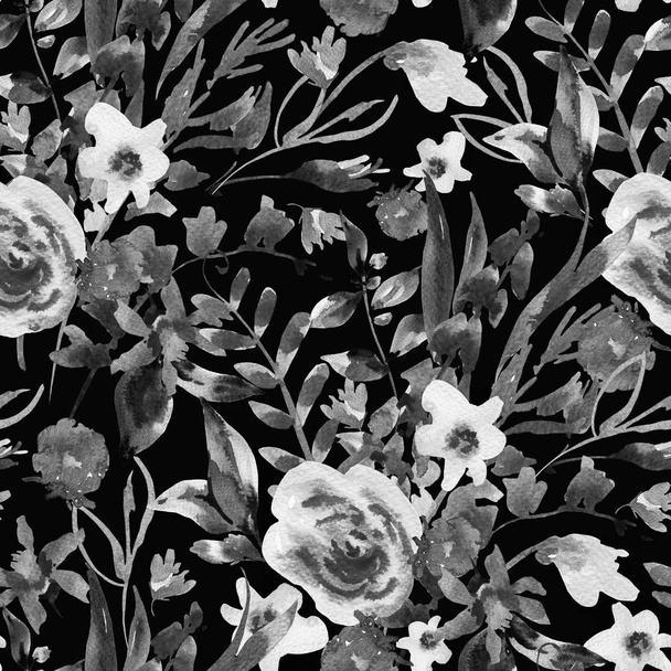 ビンテージ モノクロ水彩画シームレス花柄ブライト ワイルドフラワーが咲き、自然の夏イラスト、 - 写真・画像