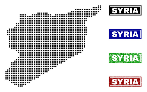 Syria Map in Dot Style with Grunge Caption Stamps - Διάνυσμα, εικόνα