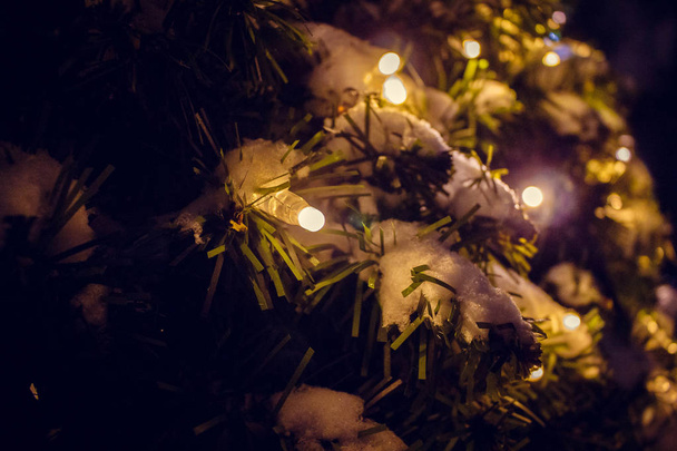 Garland on a Christmas tree. Light bulbs. - Photo, Image