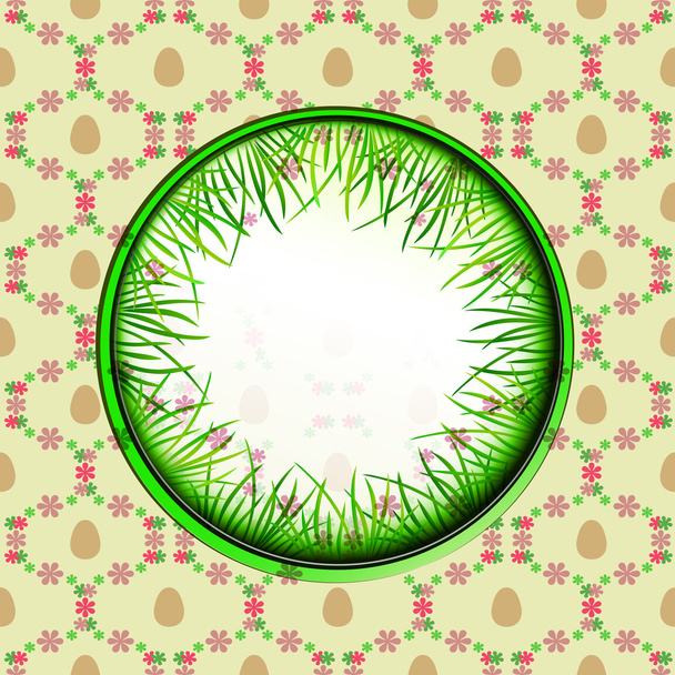 met gras begroeide kring label met paasei patroon vector - Vector, afbeelding