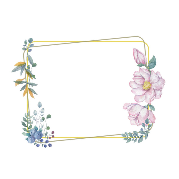 Watercolor flowers and leaves wreath. Gold frame illustration. square clip art branch for celebration, widding, invite card white background Vintage style - 写真・画像