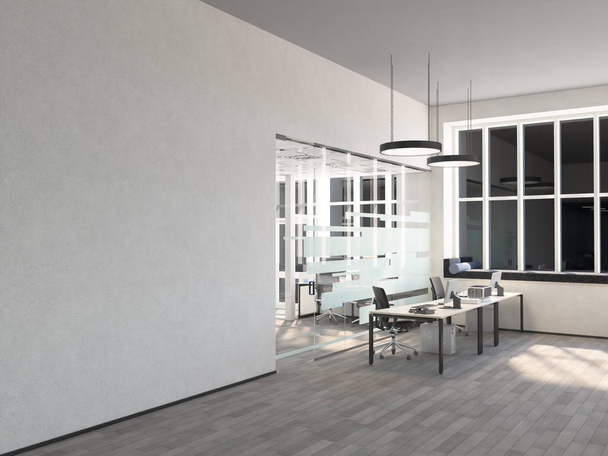 Κενό γραφείο, λευκό τοίχο μπροστά από το πανοραμικό παράθυρο, τραπέζι για συσκέψεις. Έννοια του νέου γραφείου. 3D rendering - Φωτογραφία, εικόνα