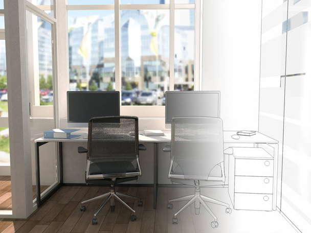 Ο χώρος γραφείου χωρίζεται σε δύο μέρη από μια νοητή γραμμή. Από τη μια μεριά ένα όμορφο φωτεινό εσωτερικό, σχετικά με τις άλλες εντελώς λευκό. 3D rendering χλευάσουμε επάνω - Φωτογραφία, εικόνα