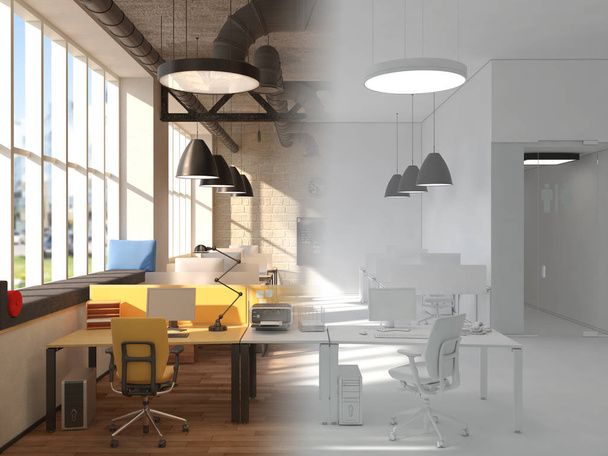 Tamamlanmamış proje ülke tarzı ofis iç coworking. 3D render - Fotoğraf, Görsel