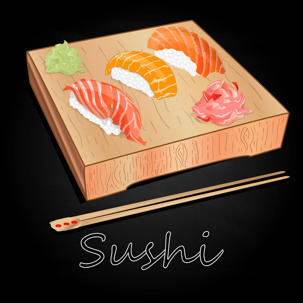 Vari tipi di sushi serviti su legno scrivania sfondo nero isolato
. - Foto, immagini