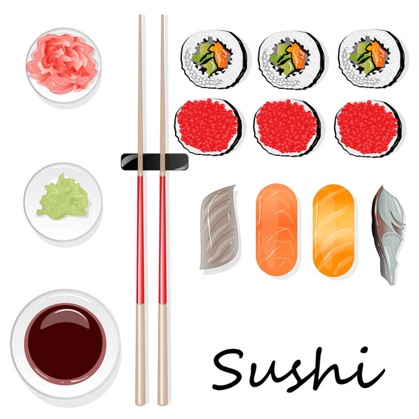 Nigiri Sushi illustration on white background isolated. Top view. - 写真・画像