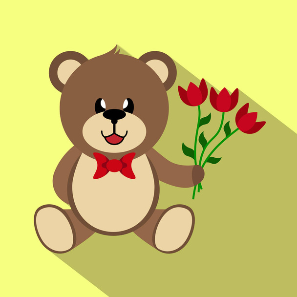 Teddy bear toy with a bow and flowers, long shadow, simple image - Vector, afbeelding