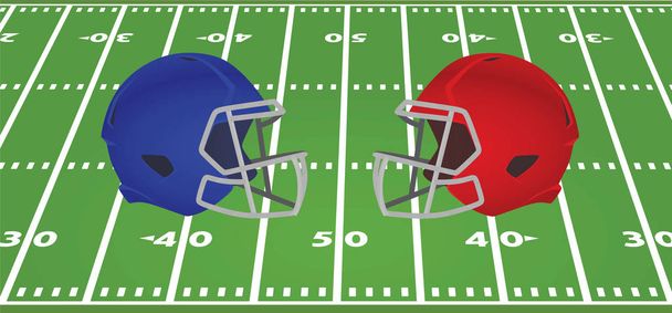 Κράνος μπλε και κόκκινο Αμερικάνικο ποδόσφαιρο μπροστά από το πεδίο. Εικονογράφηση διάνυσμα - Διάνυσμα, εικόνα
