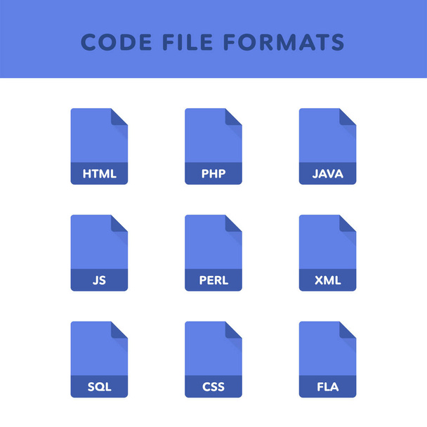 Conjunto de formatos de archivo de código y etiquetas en estilo de iconos planos. Ilustración vectorial
 - Vector, imagen