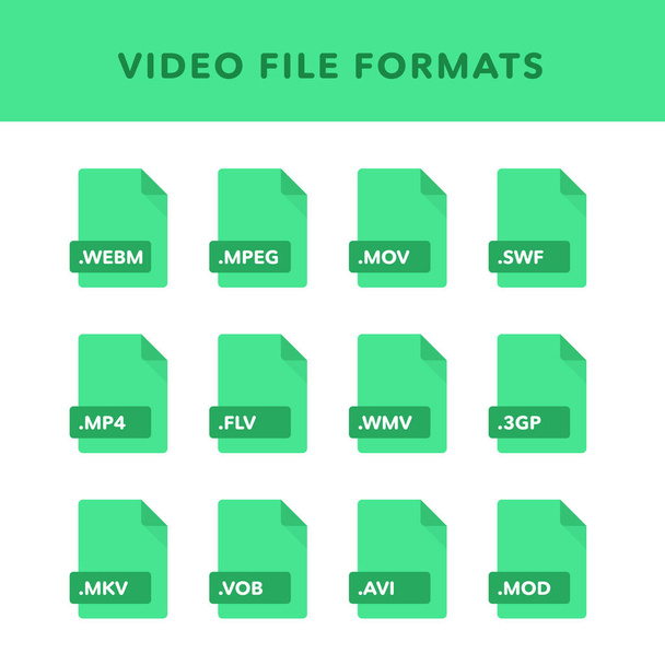 Joukko video tiedostomuotoja ja tarroja tasainen kuvakkeet tyyliin. Vektoriesimerkki
 - Vektori, kuva