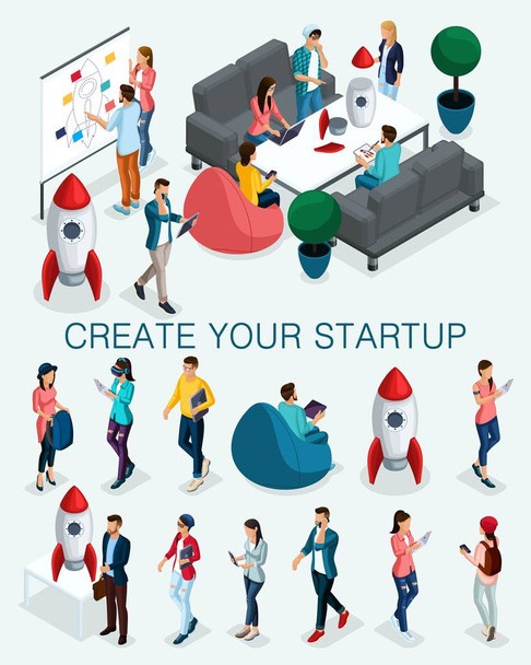 Trendy isometrische mensen 3d zakenman, concept met jongeren, jonge team van specialisten, creëren van startup, brainstormen strategie ontwikkeling geïsoleerd - Vector, afbeelding