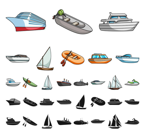 Dibujos animados de agua y transporte marítimo, iconos negros en la colección de conjuntos para el diseño. Una variedad de barcos y barcos vector símbolo stock web ilustración
. - Vector, imagen