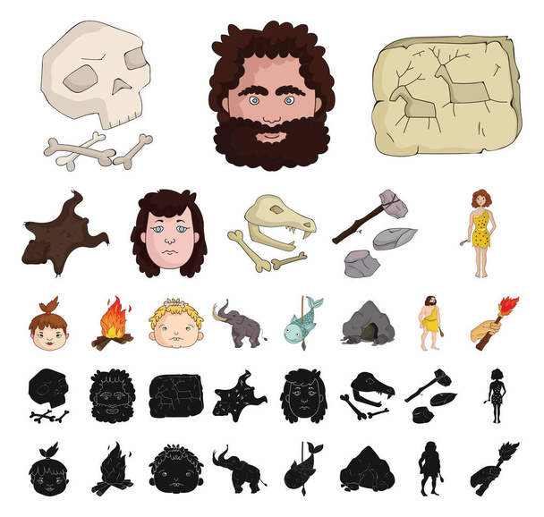 Life in the Stone Age cartoon, black icons in set collection for design. Ancient people vector symbol stock web illustration. - Vector, Image