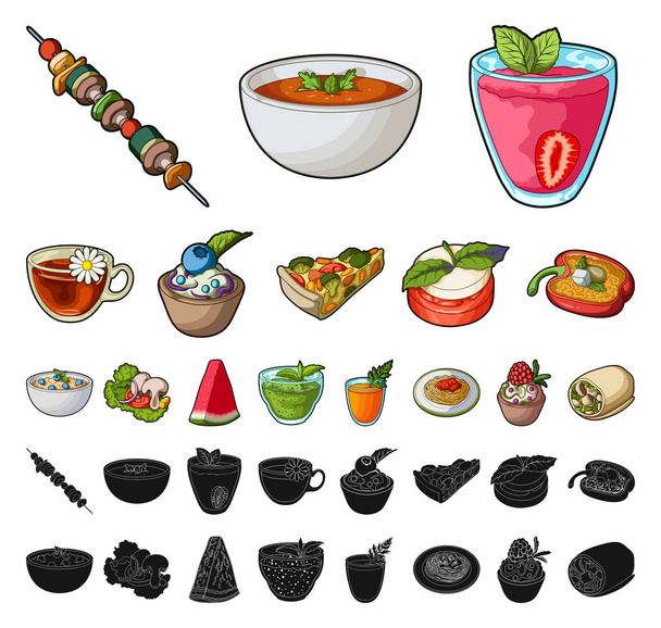 Piatto vegetariano cartone animato, icone nere in collezione set per il design.Vegetale e latte cibo vettore simbolo stock web illustrazione
. - Vettoriali, immagini