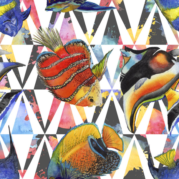 Watercolor aquatic underwater colorful tropical fish illustration set. Seamless background pattern. - Foto, Imagem