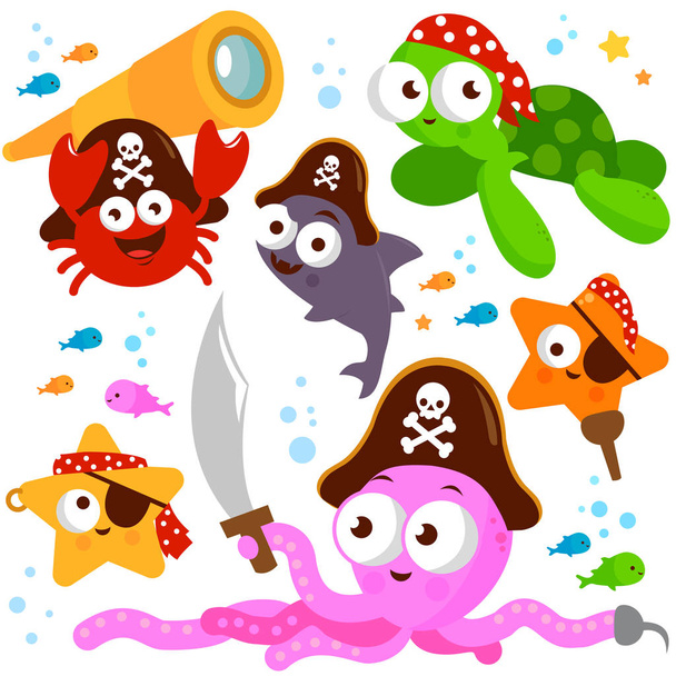 Vector illustration set of colorful pirate sea creatures with swords, spyglass, hooks and pirate hats. - Vector, Image